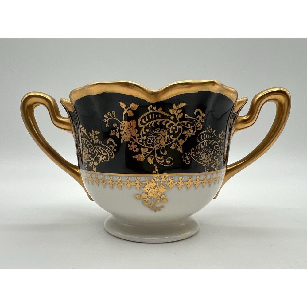 Vintage Pickard Hand Painted Porcelain Lotus Open Sugar Bowl Black & Gold 51-527